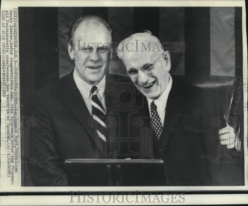 Load image into Gallery viewer, 1969 Press Photo Representatives Gerald Ford and John McCormack in Washington
