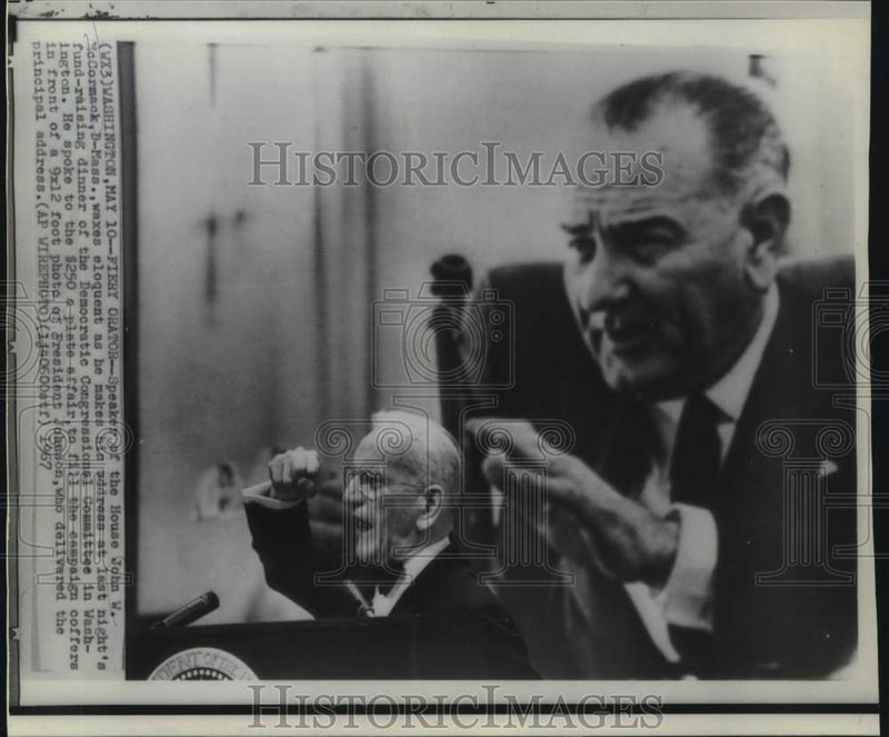 Load image into Gallery viewer, 1967 Press Photo Speaker McCormack delivers fiery speech in front of photo
