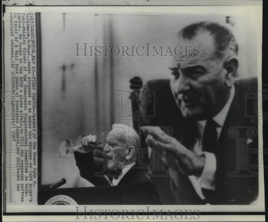 1967 Press Photo Speaker McCormack delivers fiery speech in front of photo