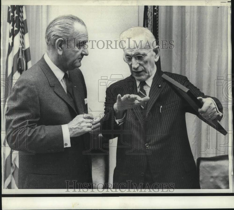 Load image into Gallery viewer, 1968 Press Photo House Speaker McCormack gestures while talking with Johnson
