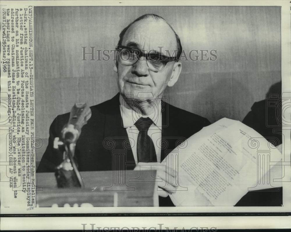 1968 Press Photo Senator John McClellan displays letter from Abe Fortas