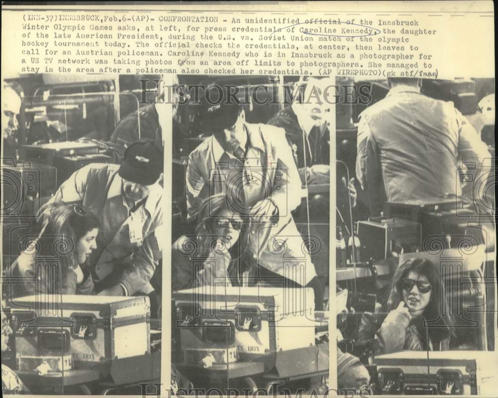 1967 Press Photo Caroline has press credentials checked at Innsbruck Olympics