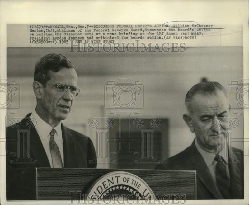 Load image into Gallery viewer, 1965 Press Photo William M. Martin and President Johnson at LBJ Ranch in Texas

