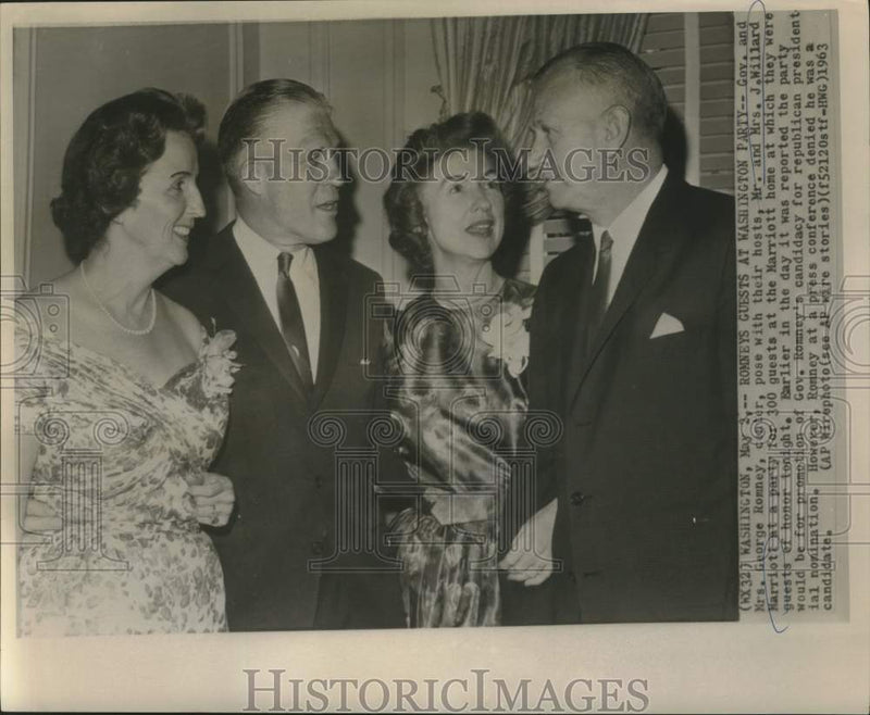 Load image into Gallery viewer, 1963 Press Photo Mr. and Mrs. Willard Marriott host party for the Romneys
