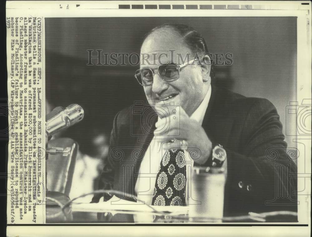 1973 Press Photo Louis Mastriana at Senate Permanent Subcommittee in Washington