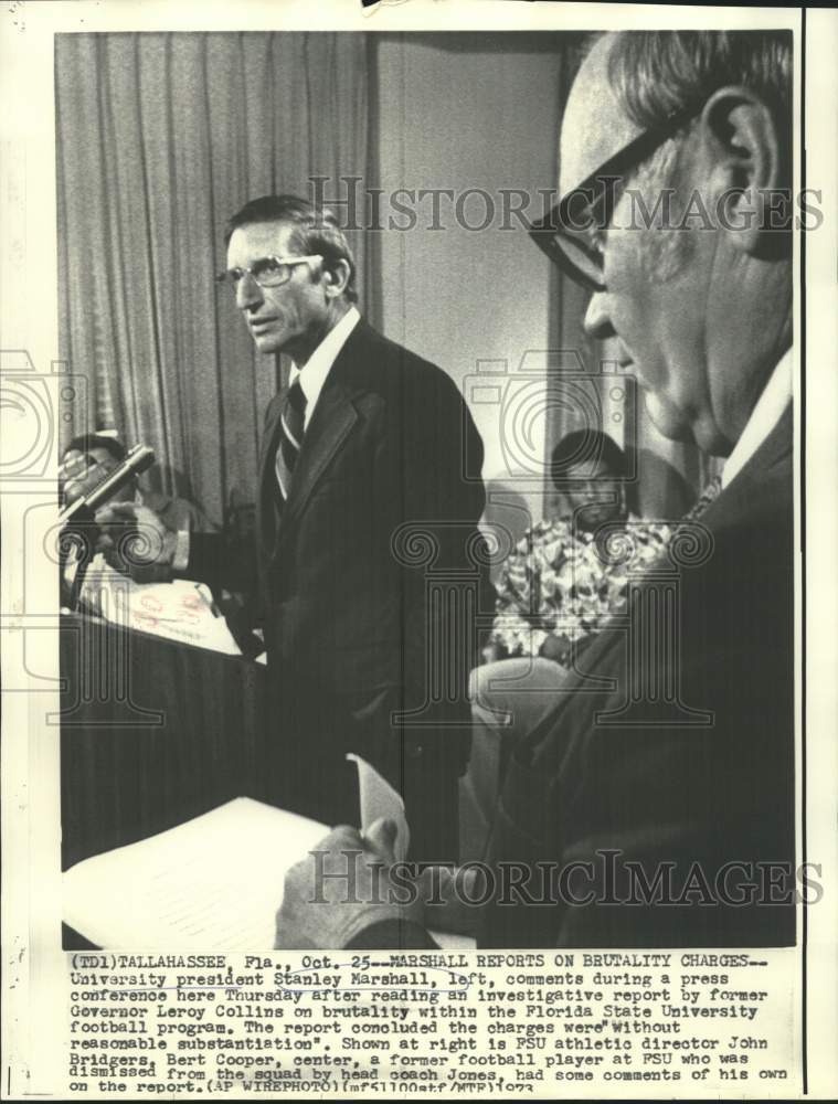 1973 Press Photo FSU President Stanley Marshall comments on brutality charges