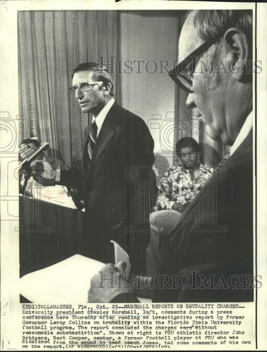 1973 Press Photo FSU President Stanley Marshall comments on brutality charges
