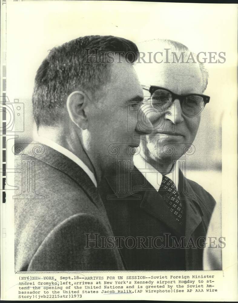 Load image into Gallery viewer, 1973 Press Photo Soviet Foreign Minister Andrei Gromyko greeted by Jacob Malik.
