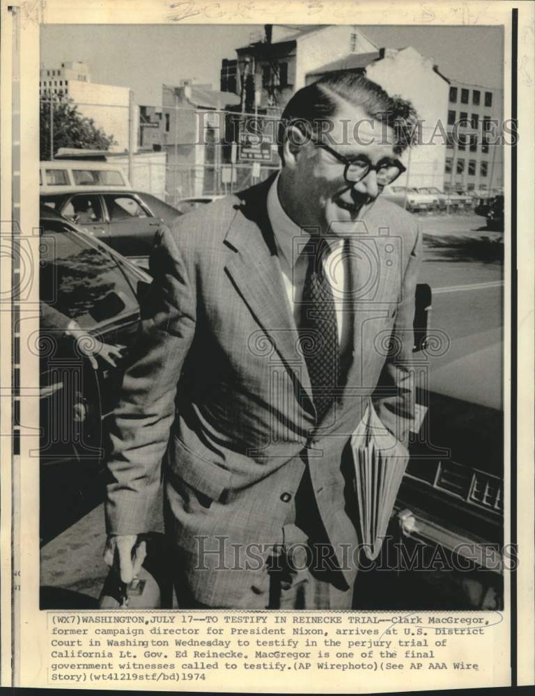 Load image into Gallery viewer, 1974 Press Photo Clark MacGregor arrives at US District Court for Reinecke trial
