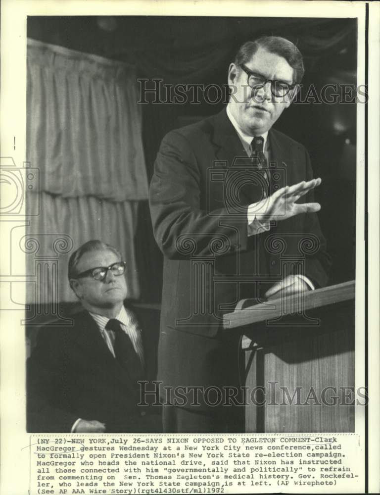 1972 Press Photo Clark MacGregor gestures at New York City news conference