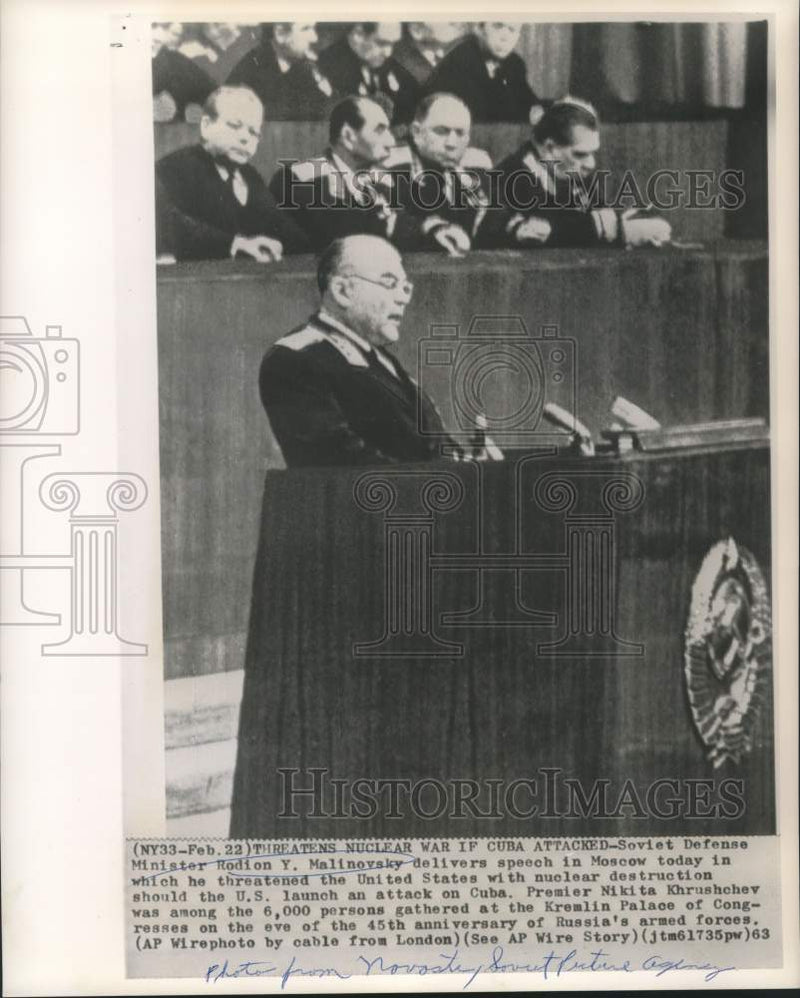 Load image into Gallery viewer, 1963 Press Photo Soviet Defense Minister Malinovsky delivers speech in Moscow
