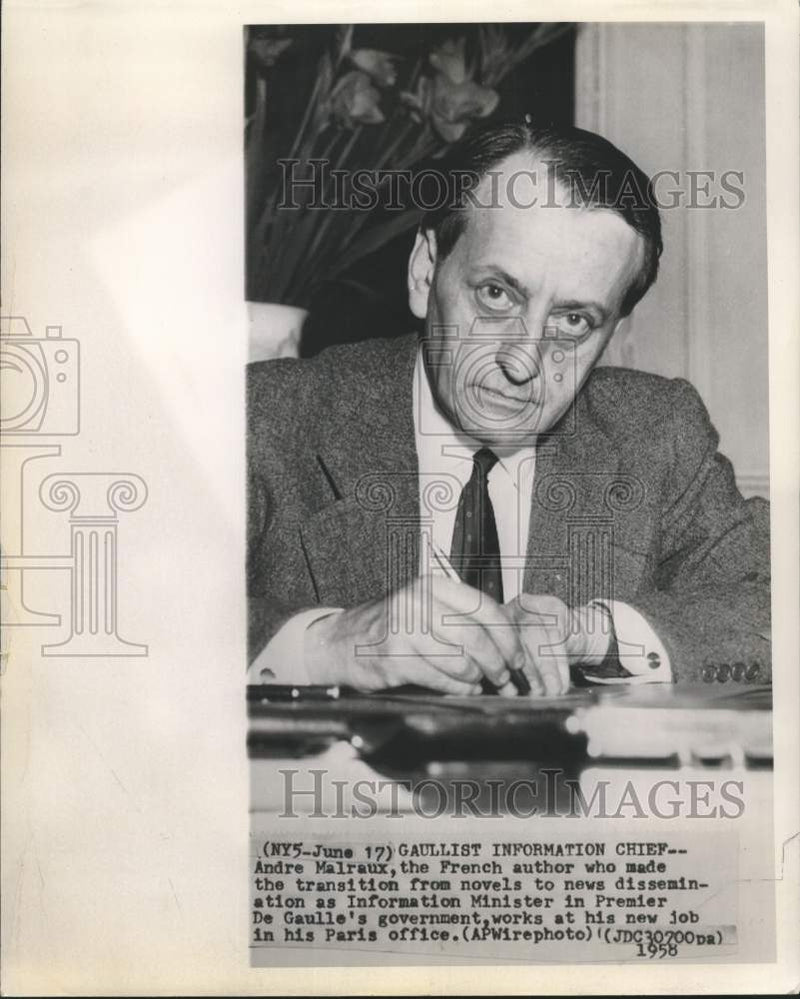Load image into Gallery viewer, 1958 Press Photo France's Information Minister Andre Malraux in Paris office
