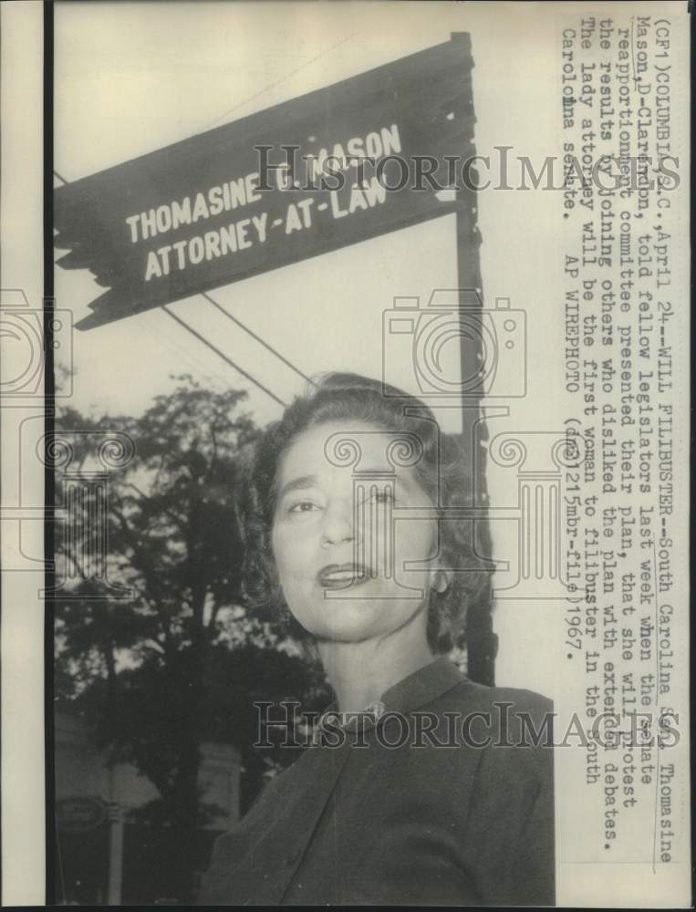 1967 Press Photo Senator Thomasine Mason of South Carolina - now20594