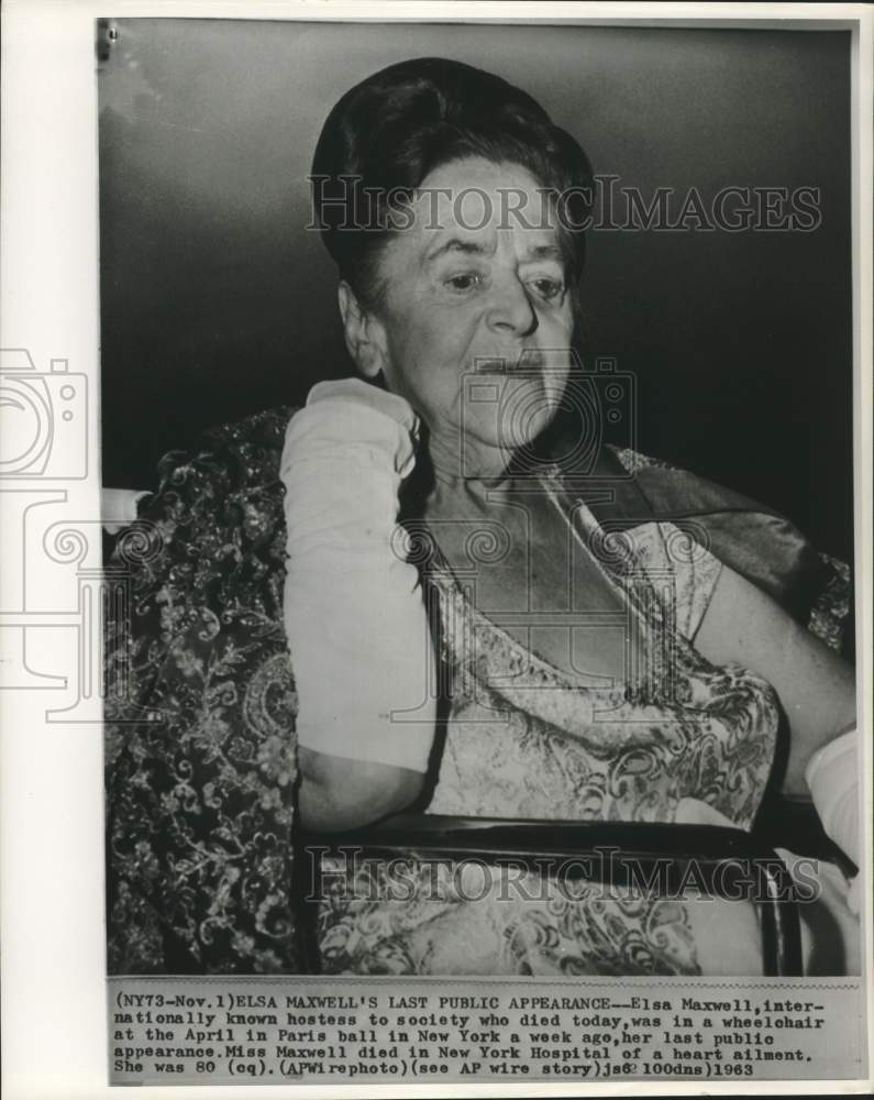 1963 Press Photo International hostess Elsa Maxwell at April in Paris ball in NY