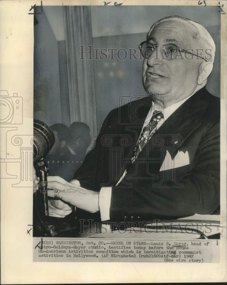 1947 Press Photo Louis Mayer of MGM testifies during communist hearings, WASH