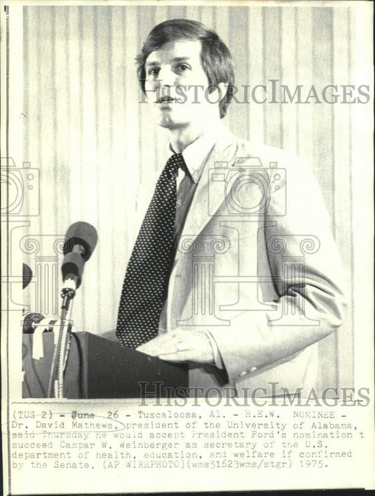 1975 Press Photo Dr. David Mathews, nominated as HEW Secretary by President Ford