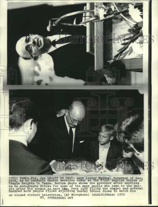 1970 Press Photo Georgia Governor Maddox conducts church service in Tampa, FL