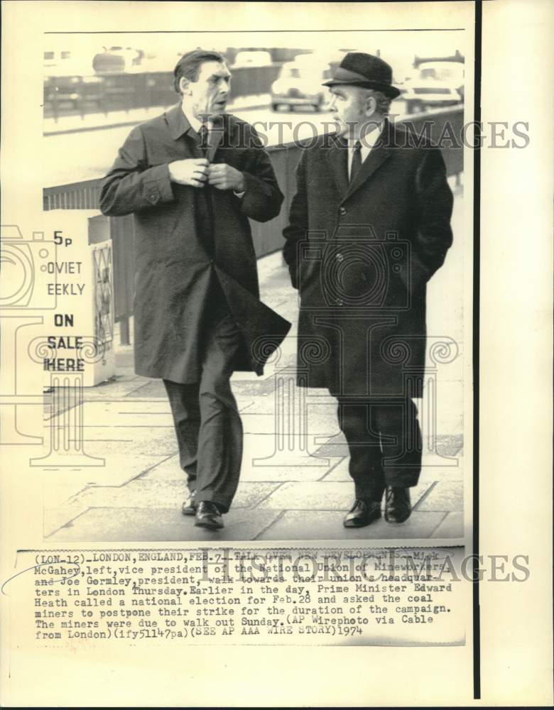 Load image into Gallery viewer, 1974 Press Photo Mike McGahey and Joe Gormley of National Minieworkers in London
