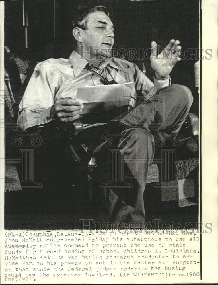 1971 Press Photo Louisiana Governor McKeithen gives views on busing - now20796