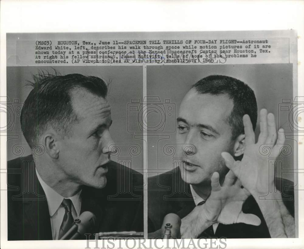 1965 Press Photo Astronauts James McDivitt and White at Texas press conference