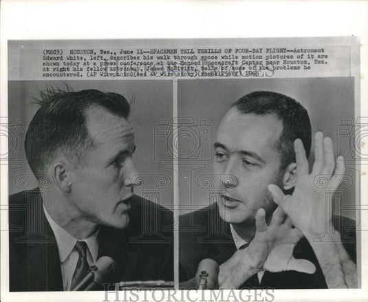 1965 Press Photo Astronauts James McDivitt and White at Texas press conference