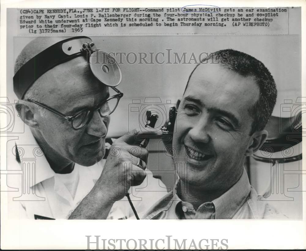 1965 Press Photo Astronaut McDivitt gets ear examination prior to spaceflight