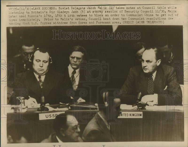 Load image into Gallery viewer, 1950 Press Photo Soviet delegate Jacob Malik takes notes at Security Council
