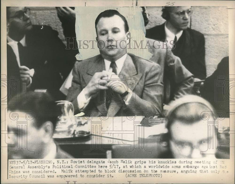Load image into Gallery viewer, 1951 Press Photo Soviet delegate Malik grips knuckles at UN General Assembly
