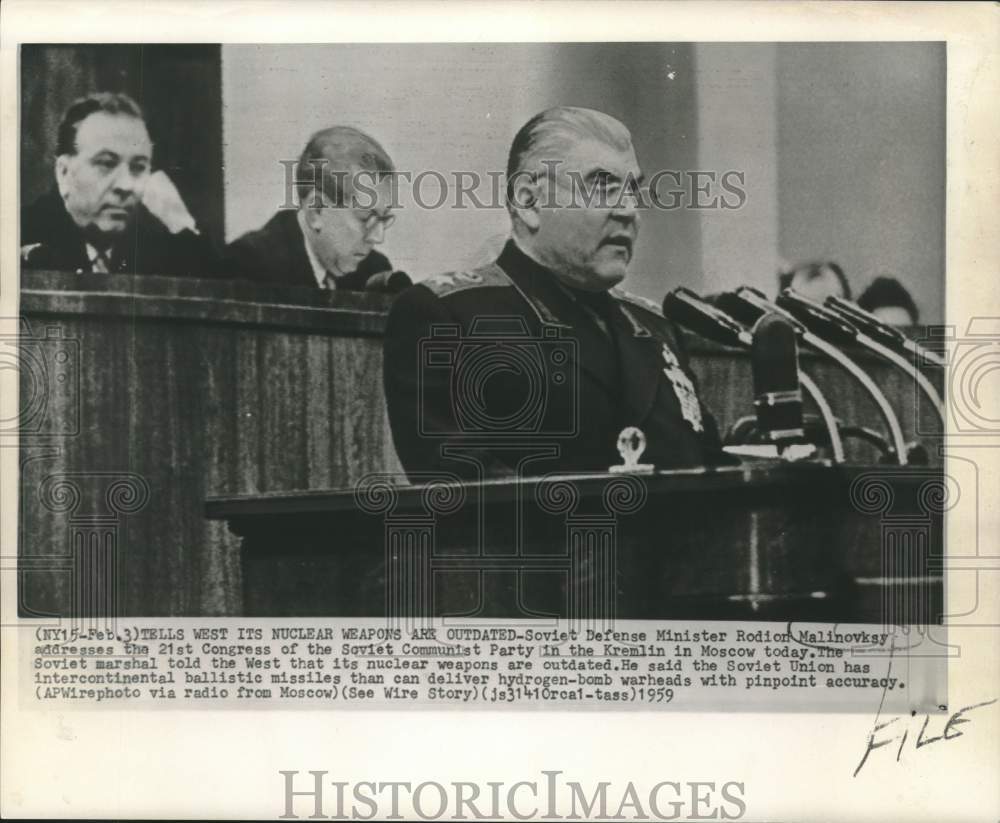 1959 Press Photo Soviet Defense Minister Malinovsky at Communist Party Congress