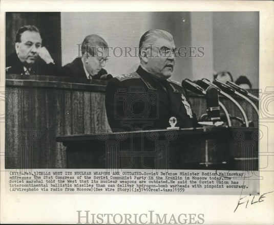 1959 Press Photo Soviet Defense Minister Malinovsky at Communist Party Congress