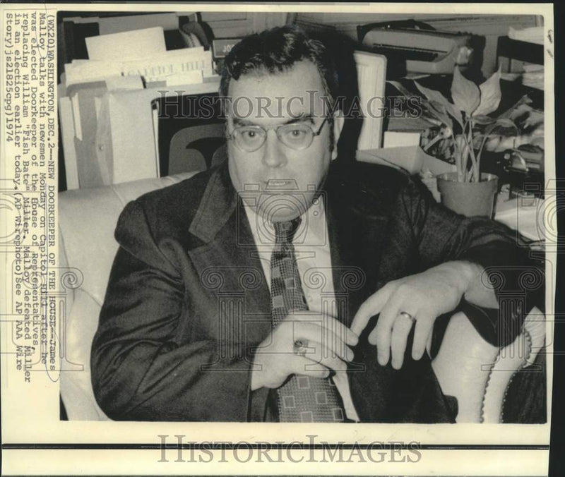 Load image into Gallery viewer, 1974 Press Photo New House of Representatives Doorkeeper James Malloy with press
