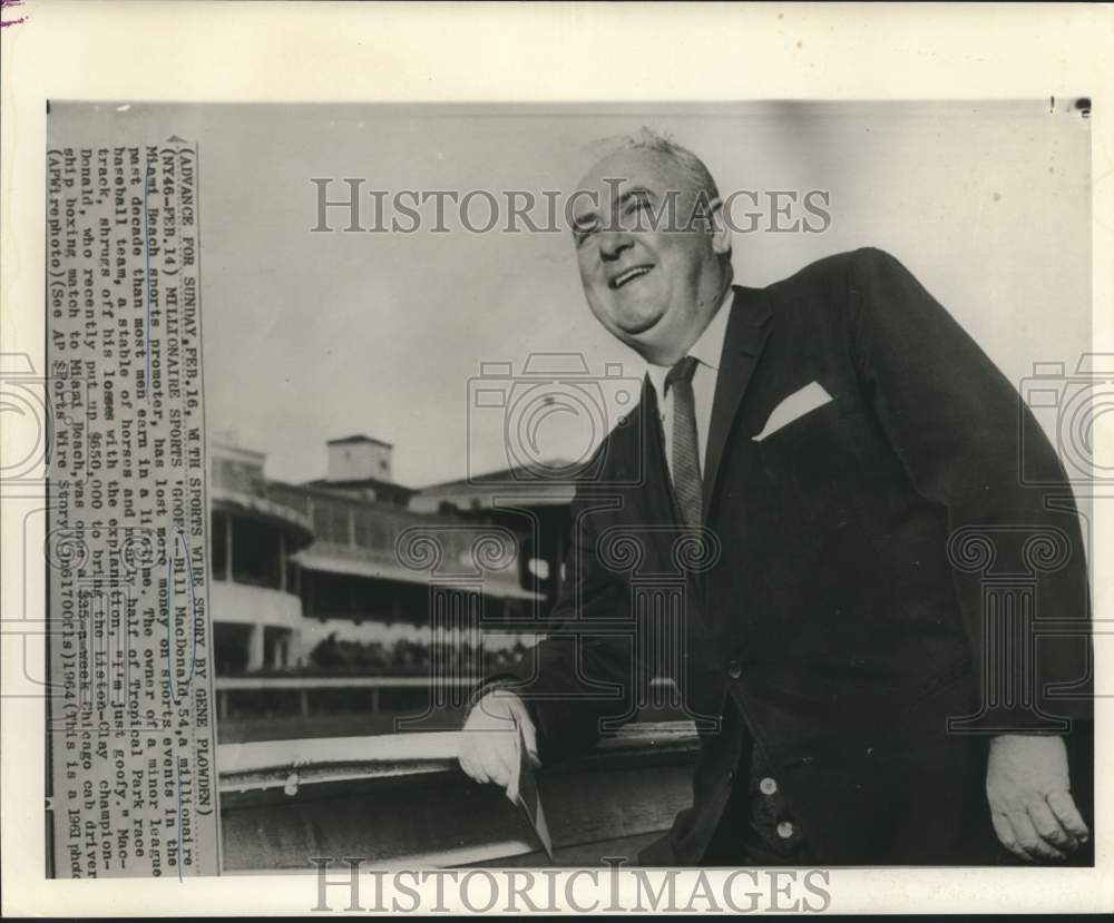 1961 Press Photo Millionaire Bill MacDonald at sporting arena re: betting habits