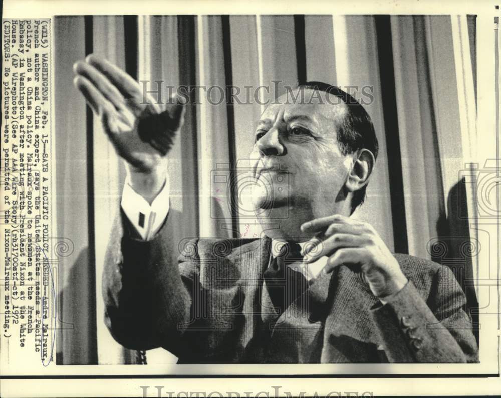 1972 Press Photo Andre Malraux at news conference, French Embassy, Washington DC