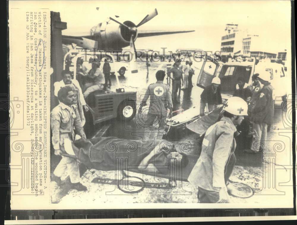 1972 Press Photo Managua earthquake victim arrives at San Jose, Costa Rica.