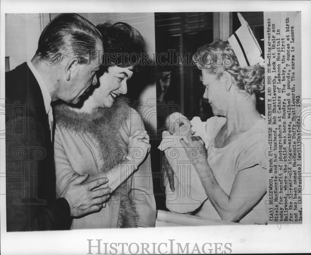 1961 Press Photo Singer-actress Gisele MacKenzie and others with newborn son