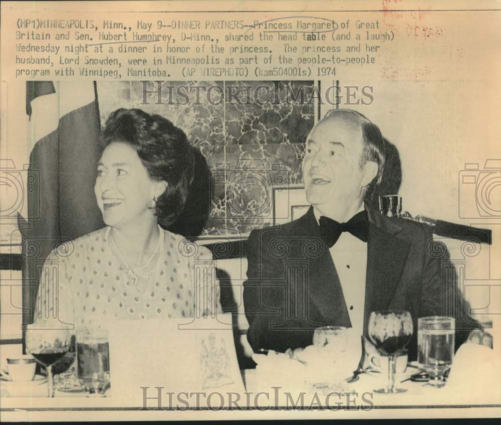 1974 Press Photo Dinner partners Princess Margaret and Senator Humphrey in MN