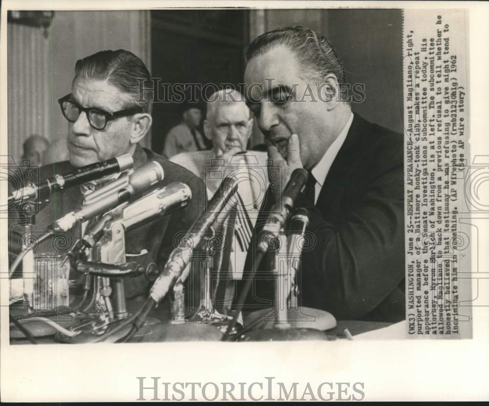 1962 Press Photo August Magliano testifies at Senate Investigations Subcommittee
