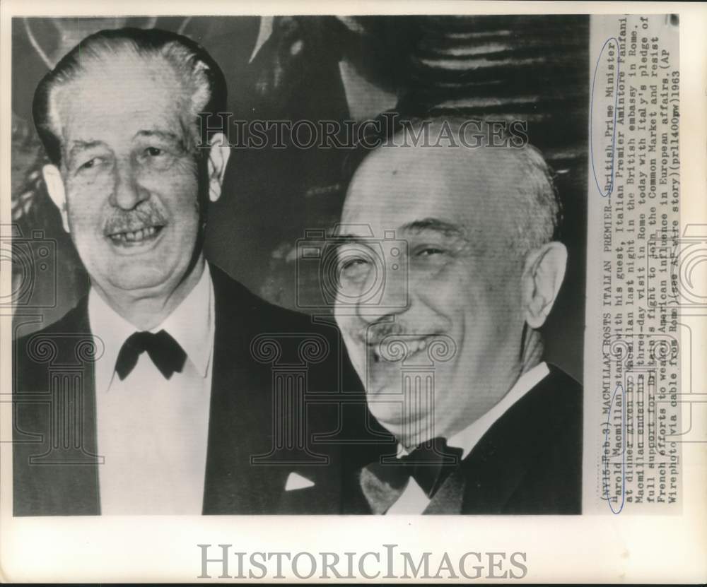 1963 Press Photo Britain&#39;s Macmillan with Italy&#39;s Fanfani at British Embassy