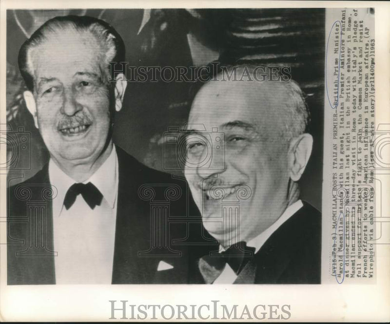 Load image into Gallery viewer, 1963 Press Photo Britain's Macmillan with Italy's Fanfani at British Embassy
