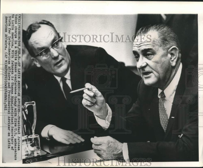 Load image into Gallery viewer, 1965 Press Photo President Johnson and Thomas Mann chat in White House
