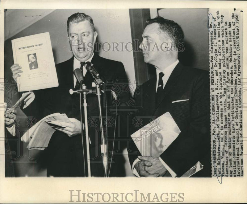 Load image into Gallery viewer, 1960 Press Photo Clergymen McIntire and Kennedy with newsmen at Pentagon
