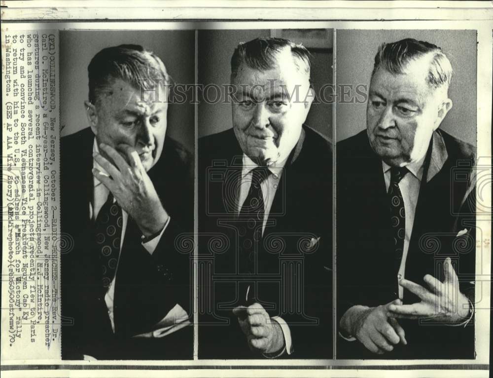 1970 Press Photo Reverend McIntire gestures during interview in Collingwod, NJ