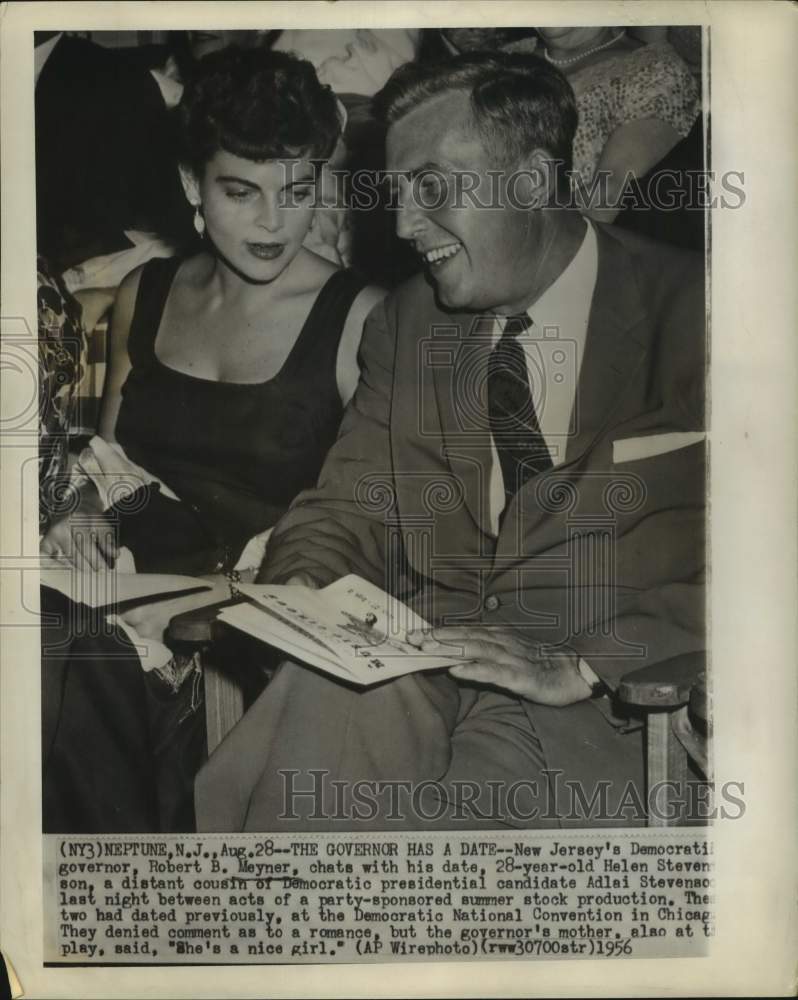 1956 Press Photo New Jersey Governor Meyner chats with date Helen Stevenson