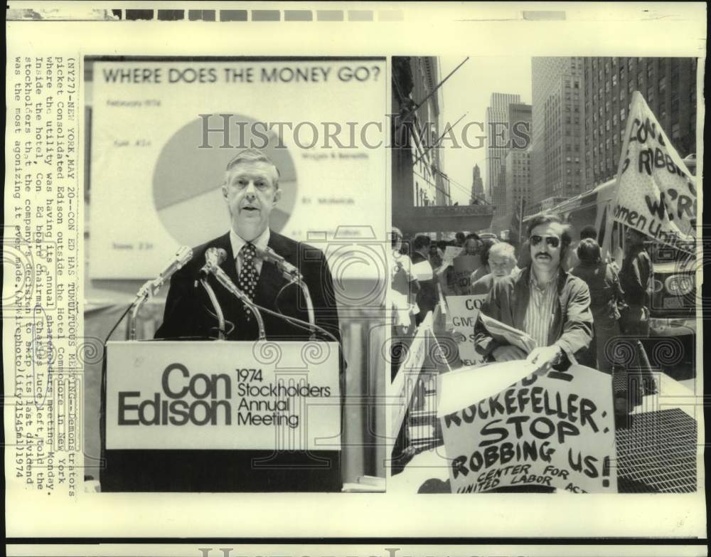 1974 Press Photo Consolidated Edison Spokesman and Picketers - now22863