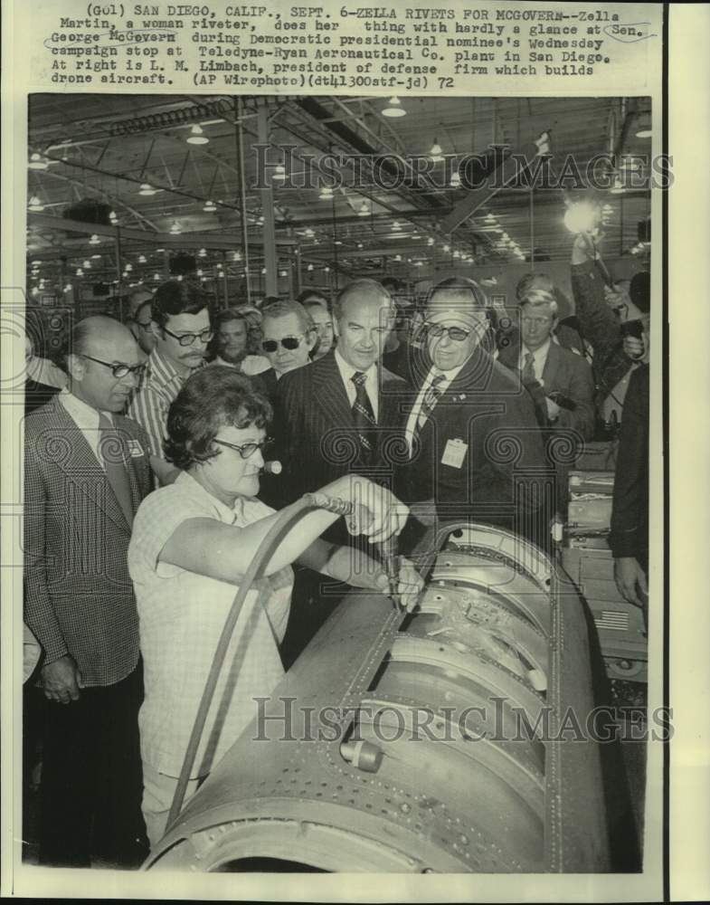 1972 Press Photo Riveter Zella Martin demonstrates for McGovern and others