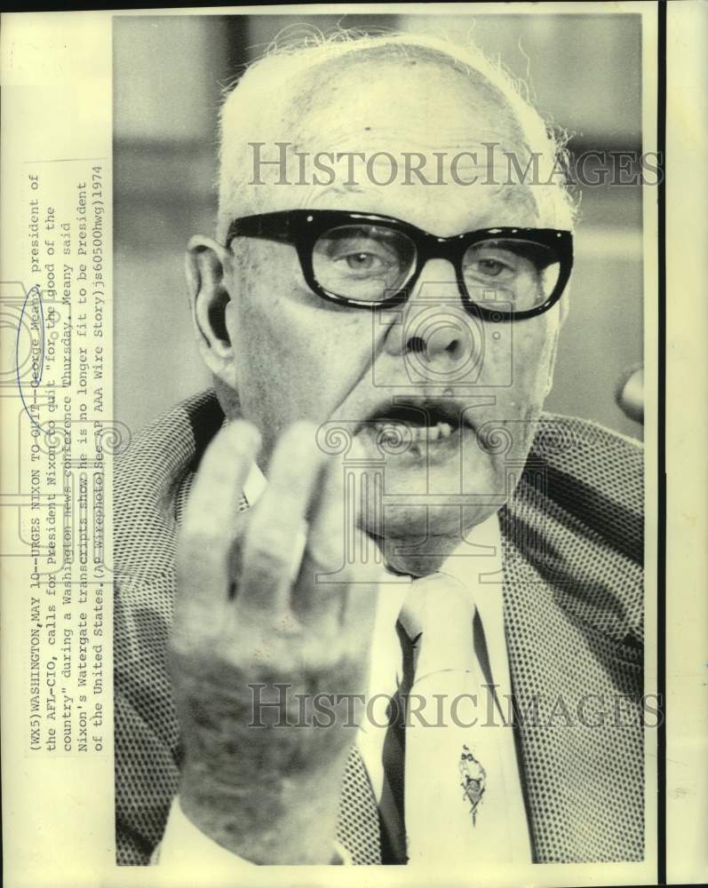 1974 Press Photo AFL-CIO President George Meany at Washington news conference
