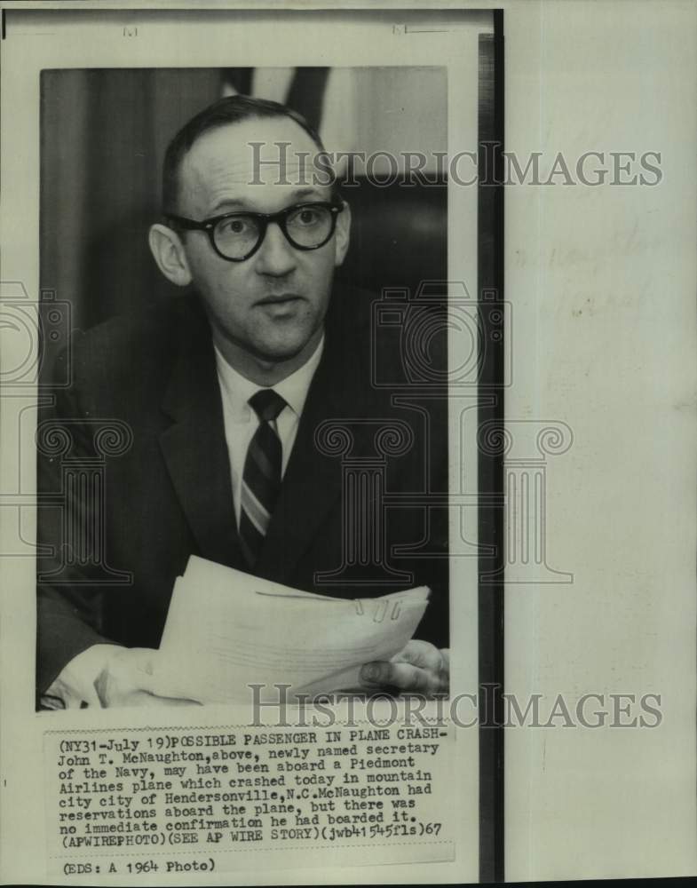 1964 Press Photo Newly named Secretary of the Navy John T. McNaughton.