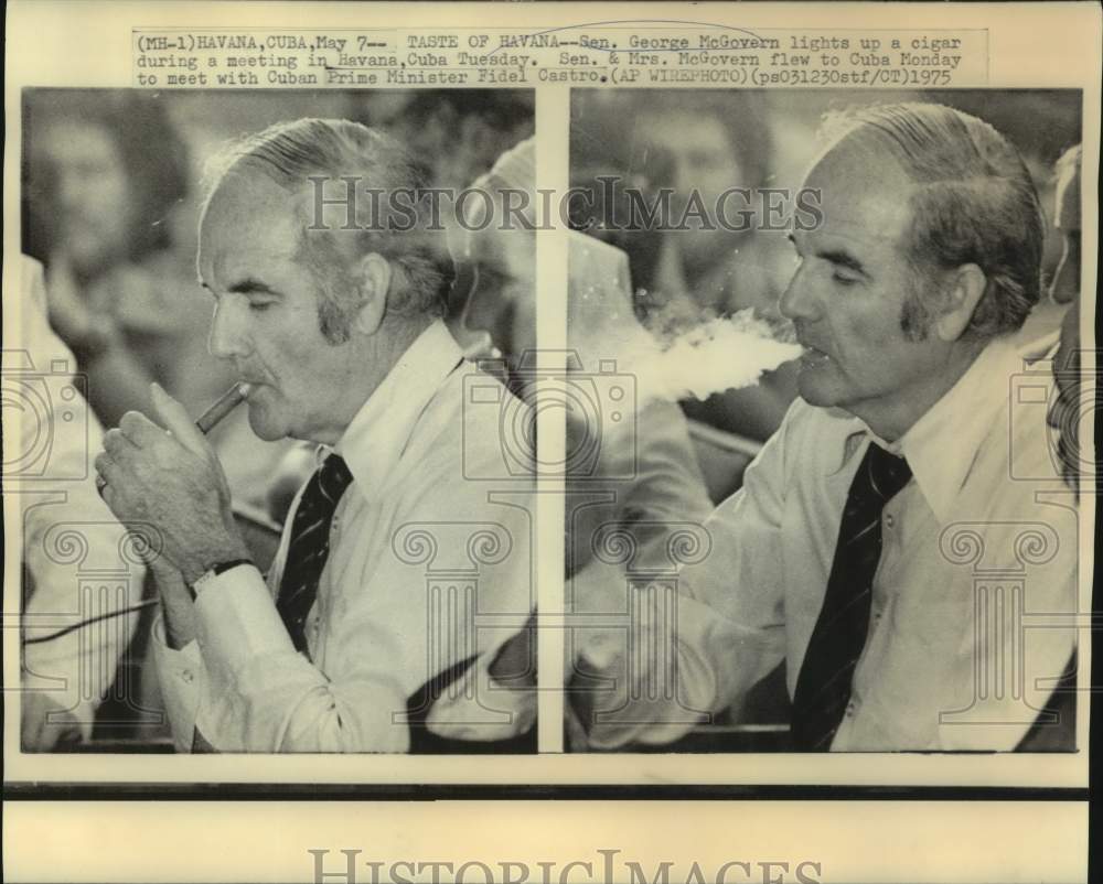 1975 Press Photo Senator George McGovern lights up a Cuban cigar in Havana, Cuba