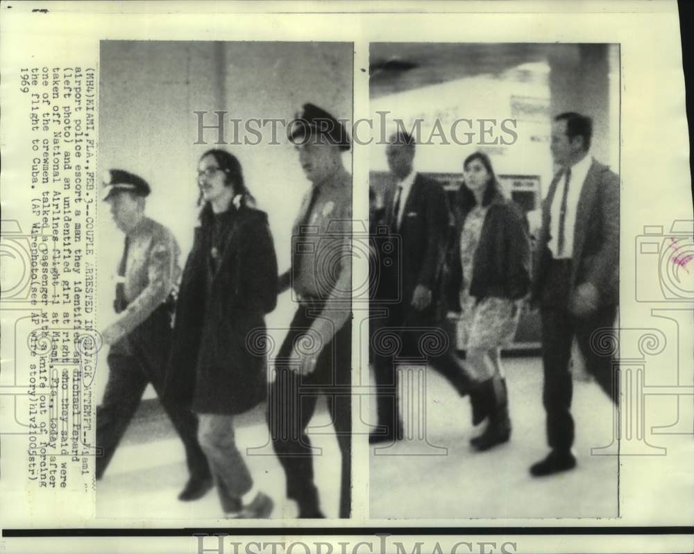 1969 Press Photo Michael Papard and girl arrested in Miami for plane hijacking.
