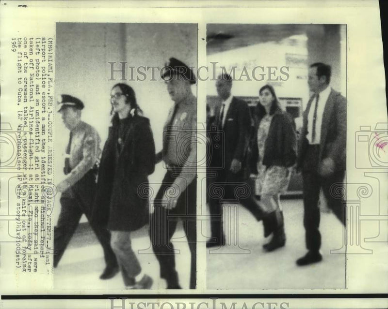 Load image into Gallery viewer, 1969 Press Photo Michael Papard and girl arrested in Miami for plane hijacking.
